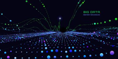 Küreleri birbirine bağlayan renk çizgileri olan soyut analitik arkaplan karanlık siber uzayda analiz eder. Kuantum kriptografi konsepti. İş, bilim ve teknoloji afişi. Veri tablosu Büyük veri.