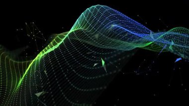 Dalgalı renk ızgaralı soyut teknoloji arka planı. Analitik veri algoritmaları. Büyük Data. Konsept hesaplanıyor. İş, bilim ve teknoloji afişi.