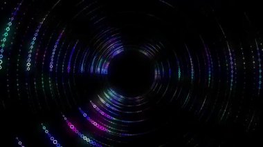 Animasyon arka plan animasyon radyal çizgileri. Karanlıkta dönen çizgilerdeki renk noktalarını çember içine al. Nokta döngüsünün kusursuz yakınlaşması.
