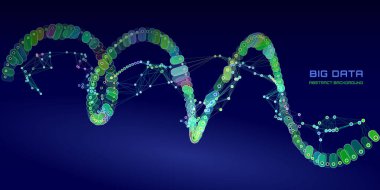 Siberuzay karanlığında çokgen ızgarası ile kuantum hesaplama veri noktalarından gelecek arkaplan sarmal çizgileri. Dijital teknoloji konsept araştırması. Büyük veri.