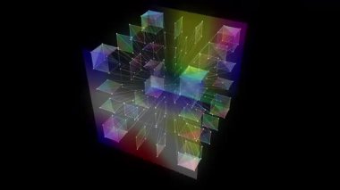 Sistem ağına bağlanan üç boyutlu büyük veri küplerini özetle. Karanlık arka planda kuantum hesaplama kavramı. Kutu kavramını engelleyen zincir. Yapay zeka tasarımı.