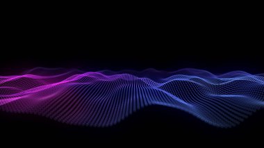 Karanlık siberuzaydaki noktalardan gelen fütürist arka plan dalgalı çizgiler. Büyük veri. Dijital teknoloji konsepti veri analizi. Mor partiküllü soyut dalga DOF. 