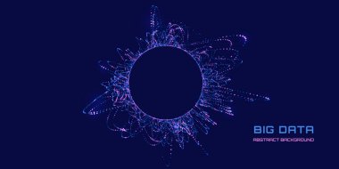 Lacivert çizgilerdeki parçacıklardan gelen soyut fütürist dalgalar. Renk veri bazasından gelen ses hareketi. Ses dalgası ve ses arkaplanı. Parlak parçacıkların patlaması ile radikal. Bilim, teknoloji ve yapay zeka için..