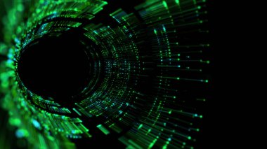 Soyut dijital arkaplan. Grid radyal yeşil tünel. Yuvarlak ağ tüneli arka planı. Retro sanal gerçeklik tüneli teknolojisi.