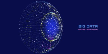 Karanlıkta renk noktalarını birleştiren şebekeden küreye sahip soyut fütüristik veri kütlesi. Küre küre küre içinde. Teknoloji, analitik ve bilim için görselleştirme kavramı.