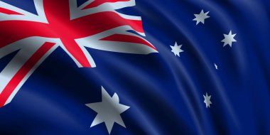 Ulusal Avstralia bayrağı dalgalanıyor. Avustralya bayrağı 3D gerçekçi. Yan görünümü kapat.