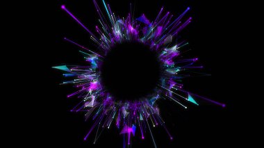 Karanlıkta gürültü hatlarını birbirine bağlayan soyut fütüristik akış parçacıkları. Ses dalgası ve ses arkaplanı. Parlak parçacıkların patladığı bir delik. Bilim, teknoloji ve yapay zeka için.