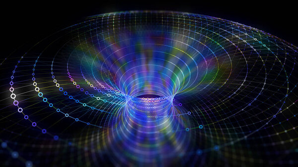 Abstract futuristic data torus from color circles connecting in lines grid on dark.  Big Data. Concept visualization for technology, analytics and network.