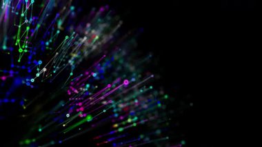 Karanlıkta parlak daireler ve dinamik çizgiler olan soyut arkaplan dijital veri çubuğu. Teknoloji ve veri canlandırma animasyonunu kavra.