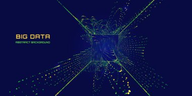 Karanlıktaki parçacıklardan gelen soyut fütürist dalgalar. Renkli veri bazasından gelen ses. Ses dalgası ve ses arkaplanı. Parlak parçacıkların patlaması ile kare. Bilim, teknoloji ve yapay zeka için.