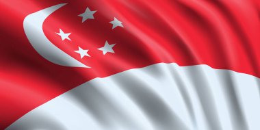 Ulusal bayrak dalgalanıyor. Dalgalı singaporen bayrağı 3D. Yakın çekim.