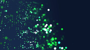 Karanlıkta parlayan yeşil noktaların gelecekteki arka planı. Teknoloji kavramı siber uzayda odak noktasını bozuyor.