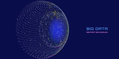 Koyu renk çemberleri bağlayan şebekeden küresel küreye sahip soyut geleceksel veri kümesi. Küre verisi. Teknoloji, analitik ve bilim için görselleştirme kavramı