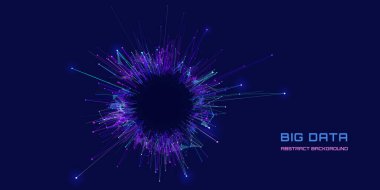 Karanlıkta çizgileri birleştiren renk parçacıklarının soyut geleceksel hareketi. Ses dalgası ve ses arkaplanı. Parlak parçacıkların patlaması ile radikal. Bilim, teknoloji ve yapay zeka için..