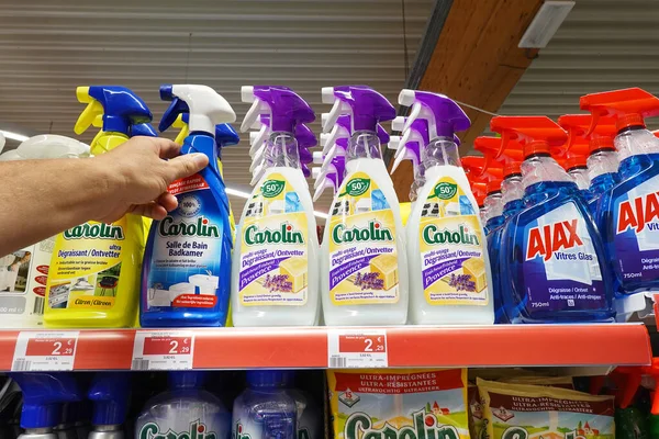 Wallonia Belgium August 2022 Display Carolin Ajax Brand Spray Cleaners — Stock Photo, Image