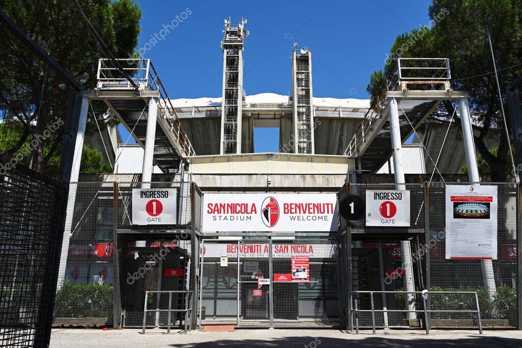 BARI, ITALY - JULY 2023: Gateway to the areas of the football club. Saint Nicholas Stadium the home stadium of S.S.C. Bari, soccer club
