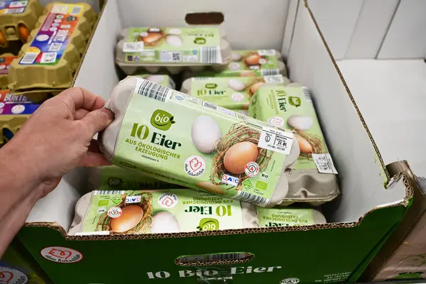 GERMANY - MAYIS 2025: Bio etiket karton yumurta kartonlarında 10 ekolojik olarak üretilmiş yumurta var bir Alman ALDI süpermarketinde civciv öldürmeden ve genetik mühendisliği olmadan.
