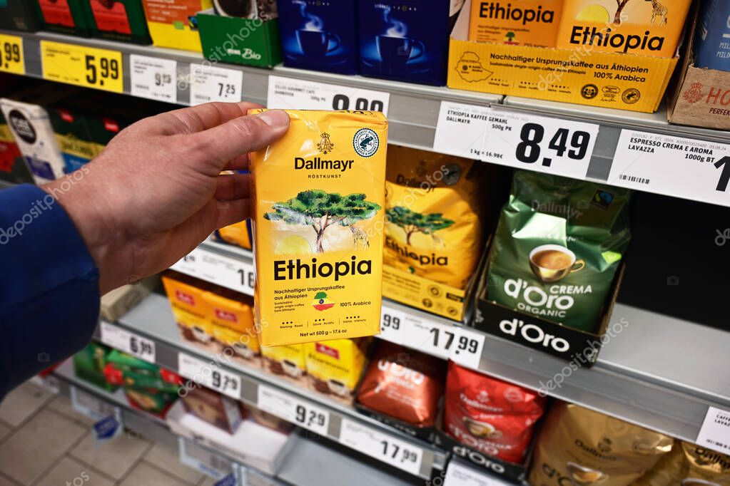 GERMANY - MAY 2025: Dallmayr brand sustainable single origin coffee from Ethiopia in a German REWE Supermarket.