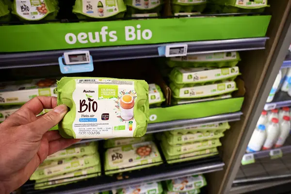 ALSACE, FRANCE - MAYIS 2025: 6 paketli karton yumurta kutusunu seçen kişi, Auchan süpermarketinde civciv öldürmeden ve genetik mühendislik olmadan ekolojik olarak üretilmiş Bio etiketli yumurtalar içerir.
