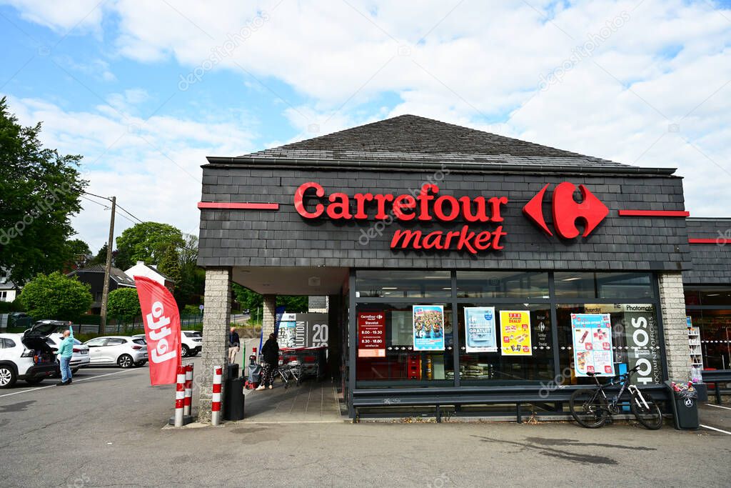 STAVELOT, BELGIUM - MAY 2025: Branch of a Carrefour supermarket. Carrefour is a French multinational retailer.