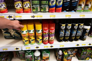 WALLONIA, BELGIUM - Ağustos 2024: Alışverişçi DIY mağazasından bir anti- eşekarısı böcek ilacı kutusu seçti