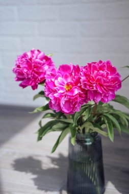 Beyaz tuğlalı bir arka planda vazoda pembe şakayık demeti