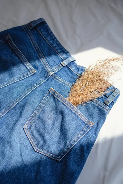 Dry Grass Pocket Blue Jeans Vintage Style Photo — Stock Photo, Image