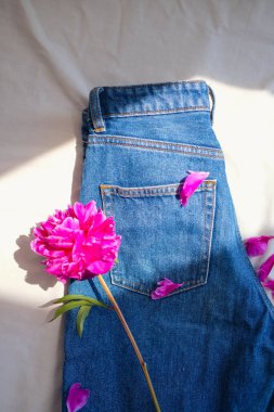 Kotun üzerindeki güzel pembe şakayık çiçeği. Moda konsepti.