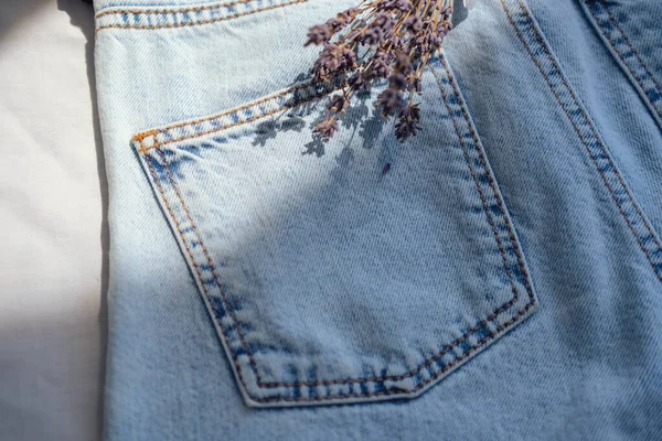 Blue Jeans Lavender Bouquet White Fabric Background — Stock Photo, Image