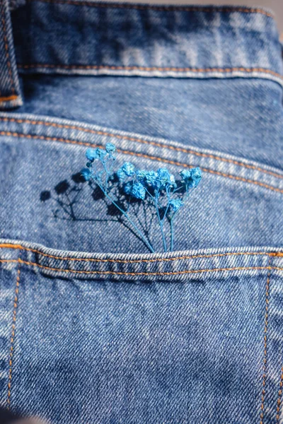 Jeans Pocket Blue Flowers Blue Jeans Pocket Blue Flowers — Stock Photo, Image