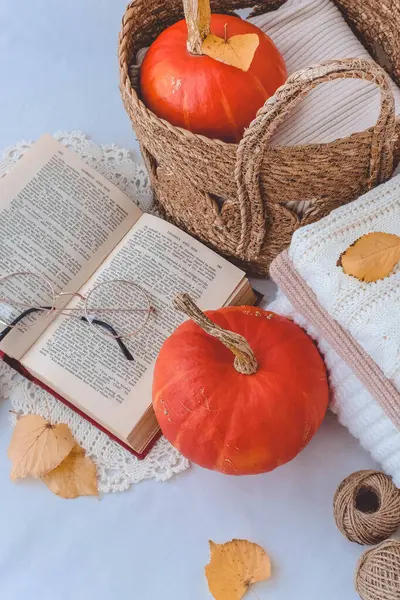 Autumn Still Life Pumpkins Knitted Sweaters Autumn Leaves Candles White — Stock Photo, Image
