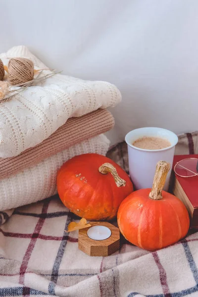 Autumn Still Life Pumpkins Knitted Plaid Cup Coffee Candles White — Stock Photo, Image