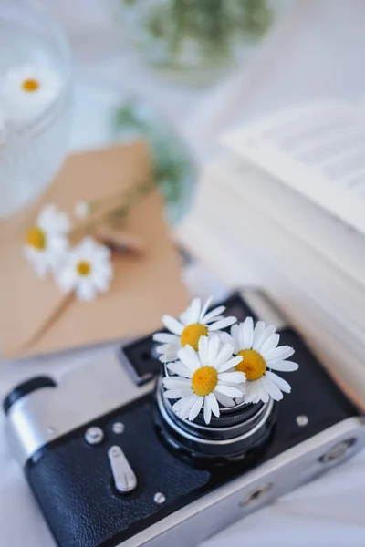 Chamomile flowers in vase, vintage camera and book on white fabric.