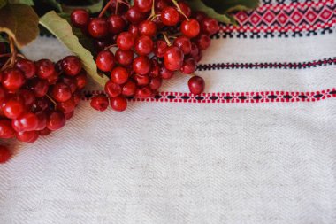 Arka planda keten bir masa örtüsünün üzerinde kırmızı viburnum meyveleri var.