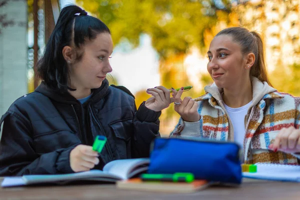 Bir Kız Lise Öğrencisi Arkadaşına Bir Kalem Veriyor — Stok fotoğraf