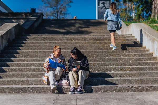 魅力的な高校生の女の子が学校の庭の前の階段に座っています 先生が隣を通っている間 彼らは笑っている — ストック写真