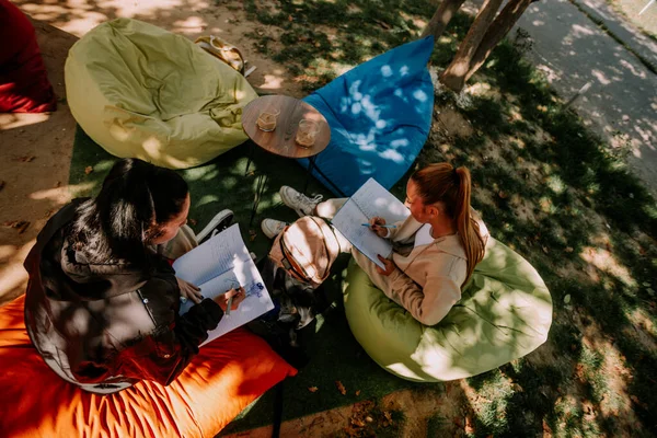 Tembel Bir Çantada Oturan Iki Kız Biri Defterine Yazıyor Diğeri — Stok fotoğraf