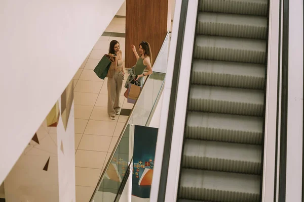 Zwei Hübsche Mädchen Stehen Mit Ihren Einkaufstüten Zaun — Stockfoto
