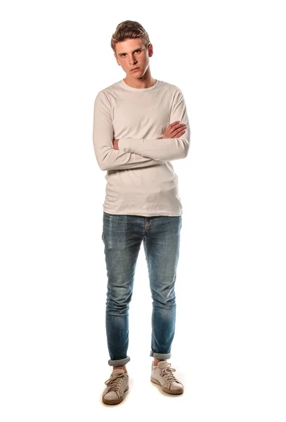 Studio Body Shot Trendy Young Man Wearing Modern Style Clothes — Stock Photo, Image