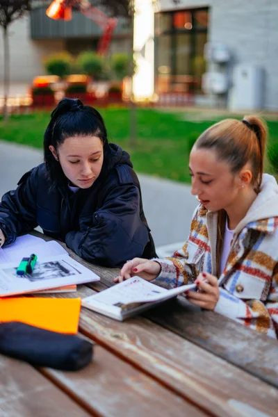 Een Brunette Middelbare School Meisje Zoek Naar Haar Vriend Notebook — Stockfoto