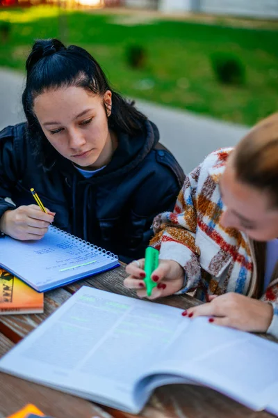 Duas Meninas Ensino Médio Estão Revisando Suas Palestras Antes Exame — Fotografia de Stock
