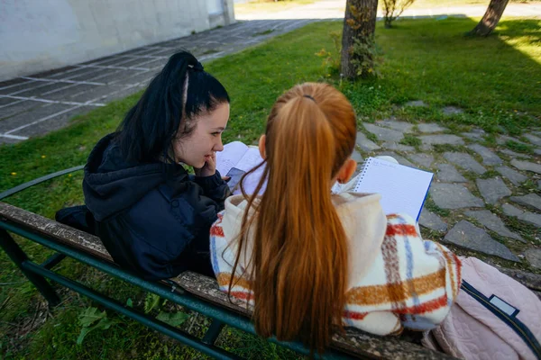 Δύο Γυναίκες Έφηβοι Καλύτερες Φίλες Κάνουν Μαθήματά Τους Μαζί Έξω — Φωτογραφία Αρχείου