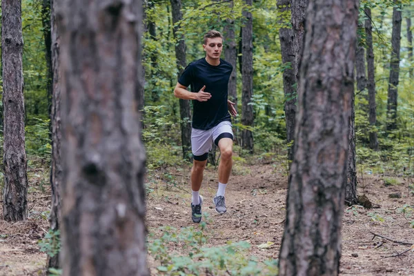 Full Length Picture Attractive Male Athlete Running Woods — Stock Photo, Image