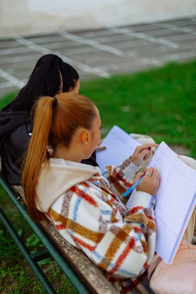 Freundinnen Der High School Schreiben Gemeinsam Ihre Hausaufgaben Draußen Einem — Stockfoto