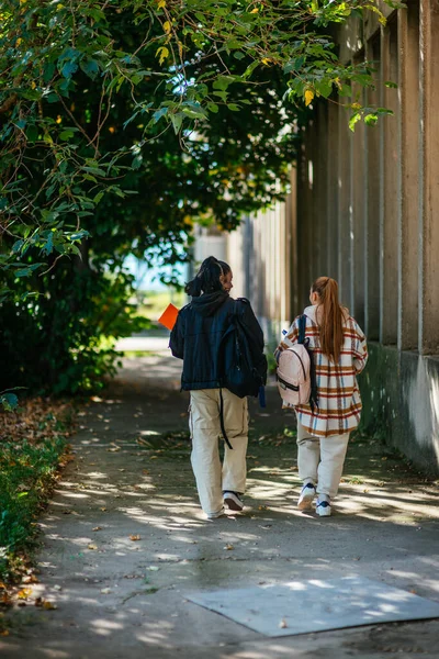 Hipster Liseli Kızlar Dersleri Bitirdikten Sonra Evlerine Dönüyorlar — Stok fotoğraf