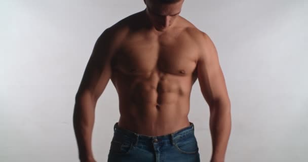 Half Naked Man Well Build Body Standing Isolated Studio — Stock Video