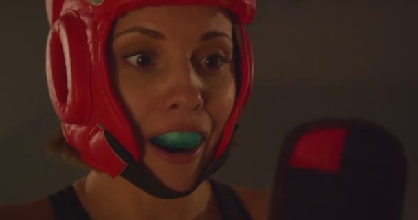 Young Boxer Putting Her Necessary Equipment — Stock Video