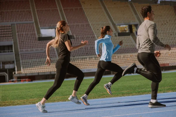 Bir Erkek Iki Kadın Boş Stadyumda Koşuyorlar Bir Sonraki Maratona — Stok fotoğraf