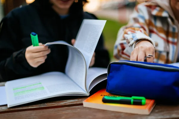 Bir Lise Öğrencisi Kalem Kutusunda Kalem Ararken Diğeri Kitabın Sayfalarını — Stok fotoğraf