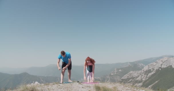 Boy Girl Practicing Yoga Top Mountain Summer Day — Stock Video
